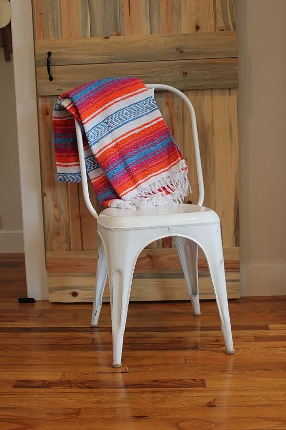 Del Mex Classic Mexican Blanket Large Authentic Woven Falsa Throw (70x50) Artisan Southwest Décor for Beach Yoga Outdoors (Orange/Pink/Blue)