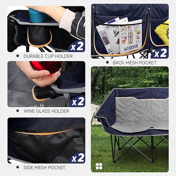 Double Camping Chair Padded Loveseat Camping Couch Oversized 2 Person Camp Chairs with Carry BagHeavy Duty Folding Lawn Chair for Adults Portable Outdoor Folding Sofa for Patio Backyard Blue