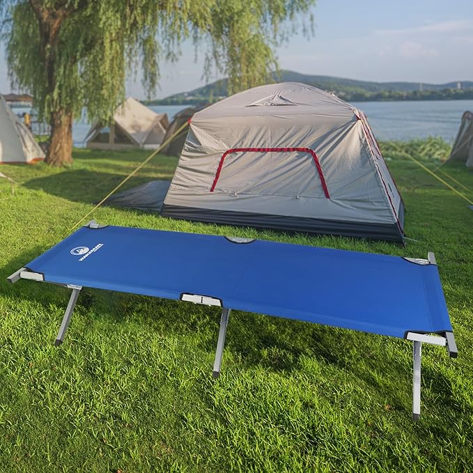 Camping Cot - Portable Folding Camp Bed - 600D Sleeping Cot for Adults with Steel Frame by Wakeman Outdoors (Blue)