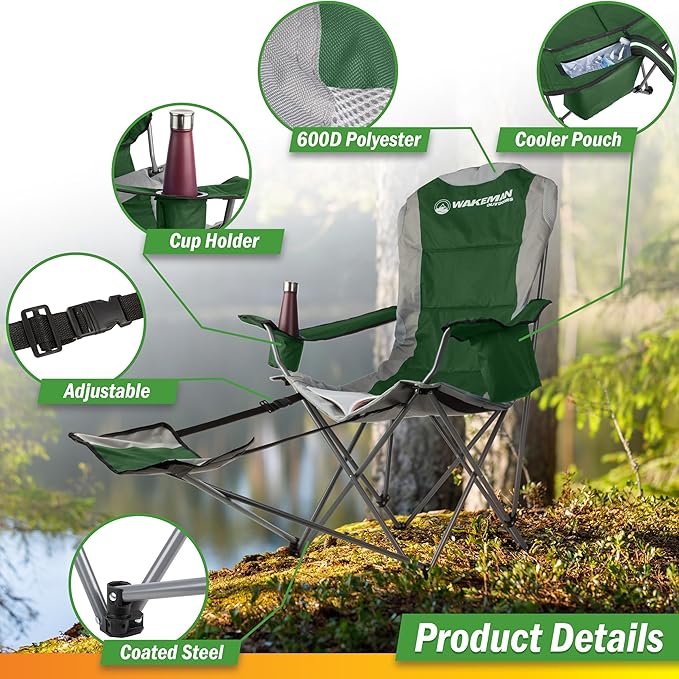 Camping Chair with Foot Rest - 300lb Capacity Beach Chair with Footrest Cupholder and Cooler Pouch - Portable Chair by Wakeman Outdoors (Green)