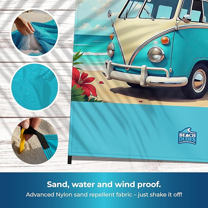 Beach Vibes Oversized Beach Blanket - 108x84 XL Sandproof Water-Resistant Picnic Mat | Lightweight Ripstop Nylon for Travel &amp Camping | Includes 4 Stakes and Carry Bag