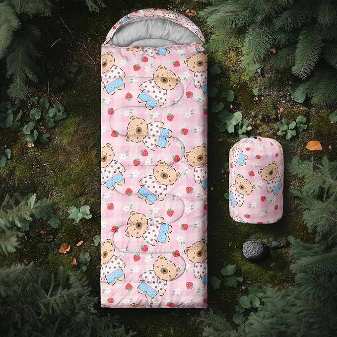 Cute Bear Sleeping Bag for Girls KidsKawaii Milk Tea Waterproof Portable Camping Bag3 Season Warm Cool Weather Lightweight Compact Camping Essentials Gear for Travelling Hiking Yellow