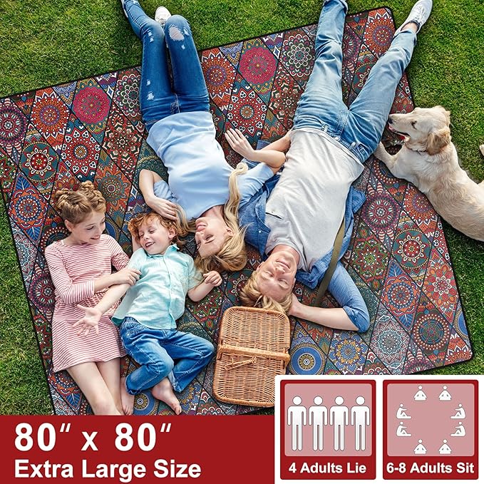 80x80 Picnic Blankets Waterproof Beach Blanket Outdoor Sandproof Foldable Park Lawn Grass Concert Mat Portable Tent Rugs Camper Inside Outside Camping Gifts Accessories Road Trip Necessities