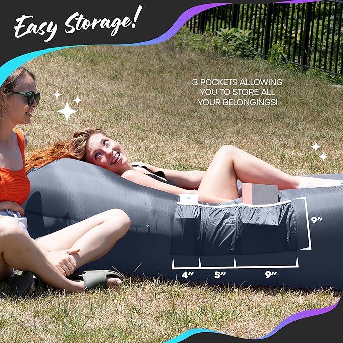 Nevlers Navy Inflatable Couch Air Sofa | 210T Polyester Blow Up Chairs | No-Pump Inflatable Lounger | Air Chair w/ 450 lbs. Capacity Pockets &amp Matching Bag | Use as Blow Up Couch for Adults &amp