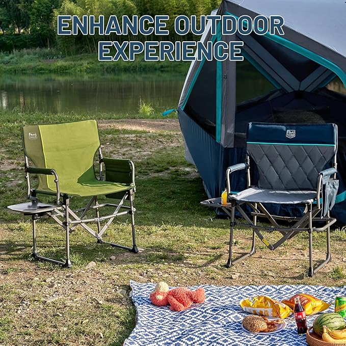 Timber Ridge Aluminum Camping Directors Chair with Side Table Pocket Portable Folding Chair Heavy Duty Lawn Chair for Fishing Trip Picnic Concert Outdoor 400lbs Green