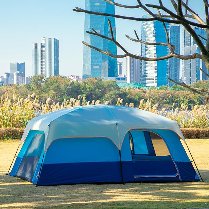 KTT Extra Large Tent 10-12-14 Person(Style-B)Family Cabin Tents2 Rooms3 Doors and 3 Windows with MeshStraight WallWaterproofDouble LayerBig Tent for OutdoorPicnicCampingFamily Gathering