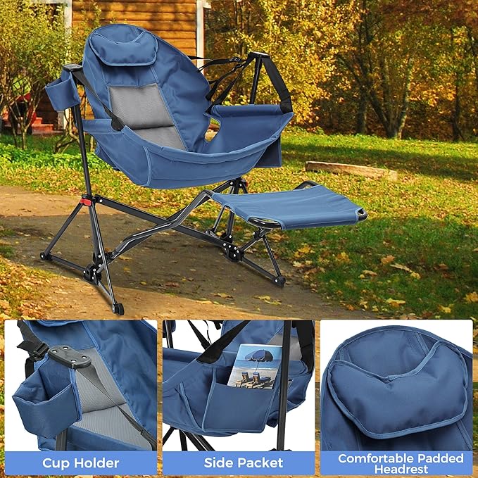 Ainfox Hammock Camping Chair with Footrest Heavy Duty Foldable Portable Rocking Hammock Chairs Outside Swinging Camp with Cup Holder Pillow for Outdoor Patio Poolside Dark Blue 2 Pack