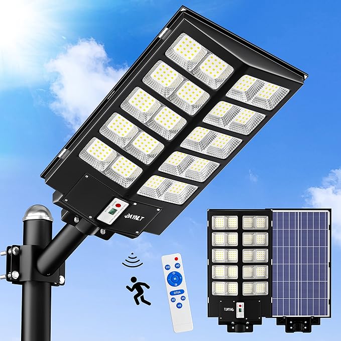 JAYNLT Y-5200W Solar Street Lights Outdoor520000LM 6500K Commercial Parking Lot Lights Dusk to Dawn Waterproof Solar Security Flood Lamps with Motion Sensor and Remote for Yard Garage Driveway