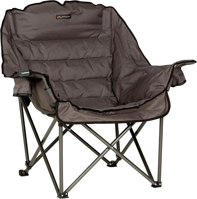 Lippert Big Bear Club Camping Chair - Dark Grey Comfortable Foldable Chair Oversized Pillow Cushions Dual Cupholders Powder Coated Steel 600D Polyester Fabric 400 lb. Capacity 2022114815