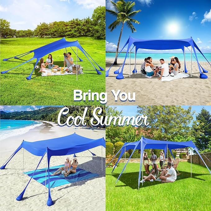 Rhino Valley Beach Tent Shade Canopy UPF50+ Protection 8 Sandbags 4 Stability Poles Outdoor Sun Shelter Umbrella for Sand Camping Fishing Essentials