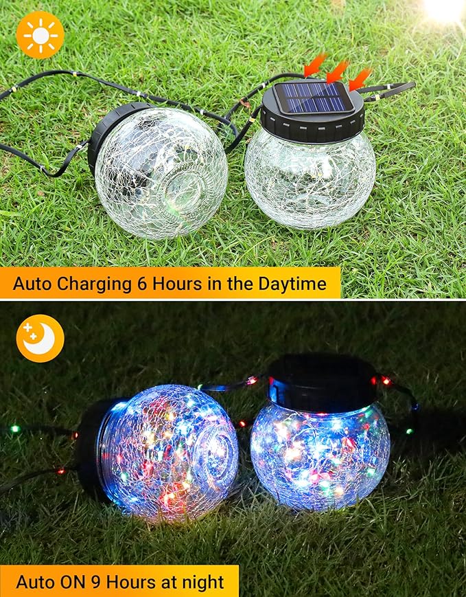 PARTPHONER Solar Lights Outdoor Waterproof 12-Pack Solar Powered Hanging Lantern Cracked Glass Hanging Globes for Yard Decor Christmas Decoration Shepherd Hook Garden Tree Ornaments RGB