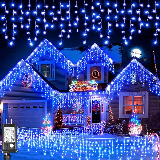 Icicle Lights for Outside 98FT 1216 LED Icicle Christmas Lights Outdoor with 228 Drops 8 Modes Waterproof String Twinkle Light for Indoor Bedroom House Holiday Party Wedding Decorations Blue