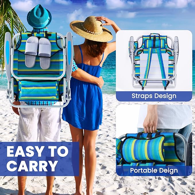 Portable Recliners Chair for Adults Outdoor Camping Chair Lay Flat Folding Backpack Reclining Chair with 5 Positions Headrest Zipper Pouch Cup Holder NEW Srtiped