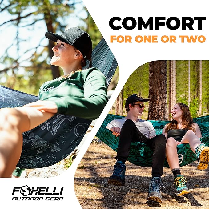 Foxelli Camping Hammock – Ultralight Hammock for Backpacking Hiking Festivals Travel - Easy Setup with Tree-Friendly Ropes &amp Steel Carabiners Heavy Duty Parachute Nylon