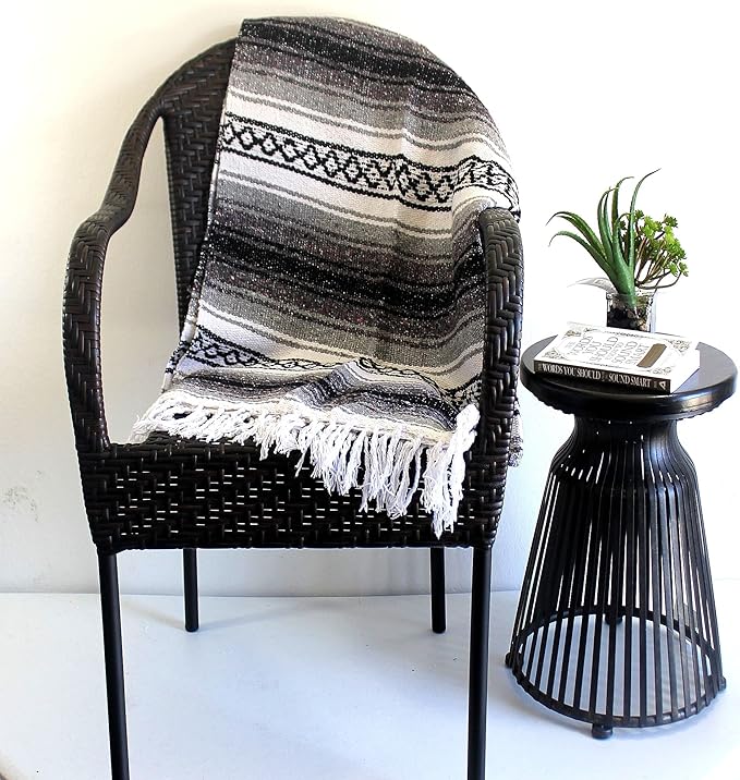 Del Mex Classic Mexican Blanket Large Authentic Woven Falsa Throw (70x50) Artisan Southwest Décor for Beach Yoga Outdoors (Gray)