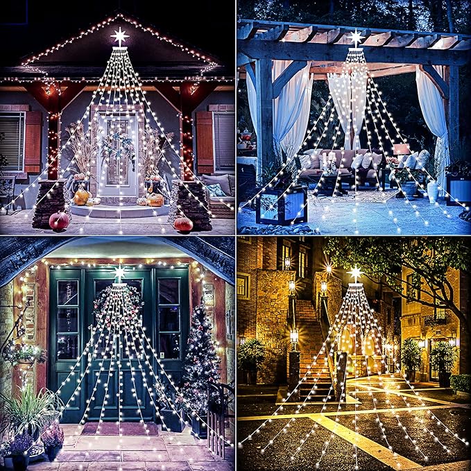 PUHONG Christmas Lights Outdoor Christmas Decoration String Lights16.4Ft 320 LED Tree Lights [8 Modes &amp Waterproof] with 11 Lighted Star for Halloween Xmas New Year Holiday Birthday (White)