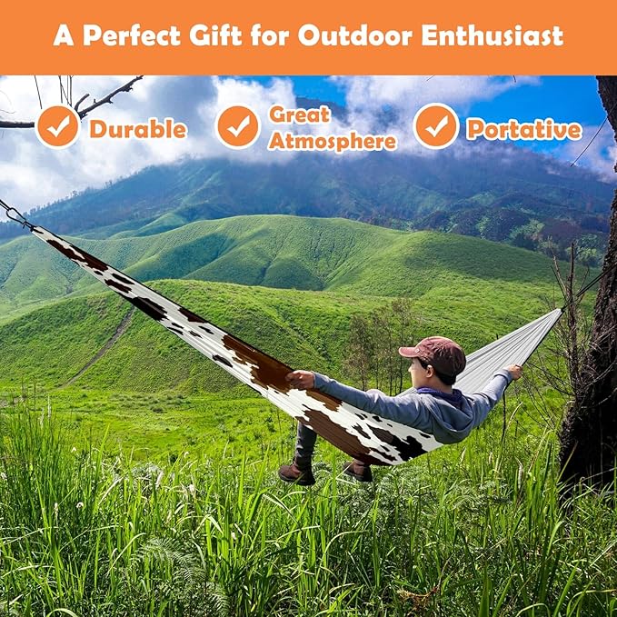 Outdoor Hammock for Camping Western Brown Cow Print Double Single Hammocks with 2 Tree Straps Lightweight Portable Heavy Duty Nylon Hammocks for Backpacking Travel Beach Backyard Patio Hiking