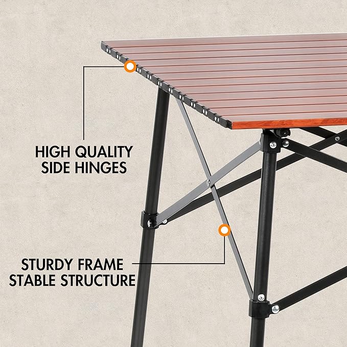 Portal Lightweight Aluminum Folding Square Table Roll Up Top 4 People Compact Table with Carry Bag for Camping Picnic Backyards BBQ Brown