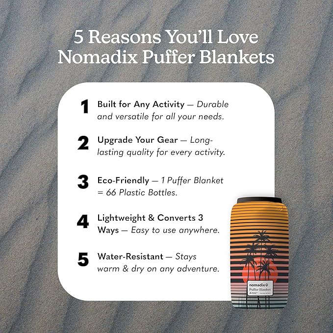 Nomadix Puffer Blanket – Water-Resistant Eco-Friendly Insulated Blanket with Snaps for Camping Beach and Travel Made from Recycled Materials