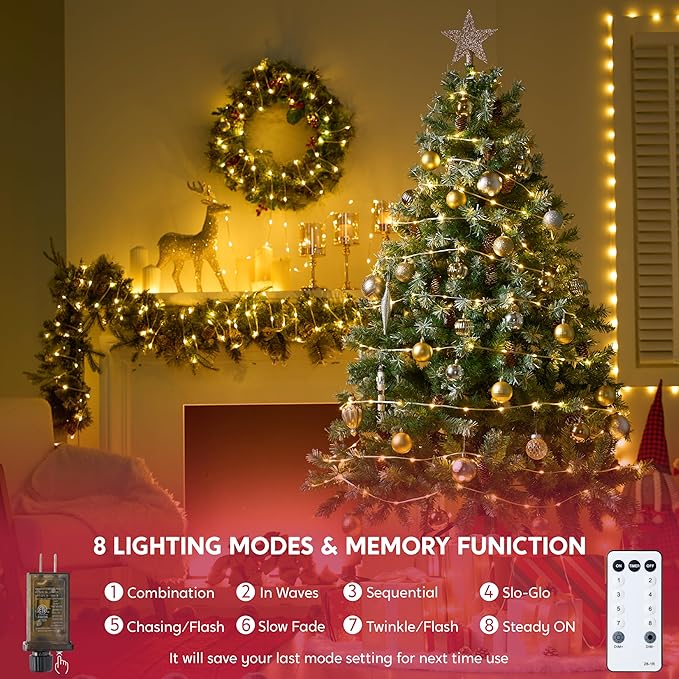 Joiedomi 600 LED Christmas Lights Outdoor197 FT Warm White Christmas Tree Lights with 8 Modes Timer PVC Clear Wire String Lights with Reel for Indoor Outdoor Holiday Xmas Eve Night Decorations