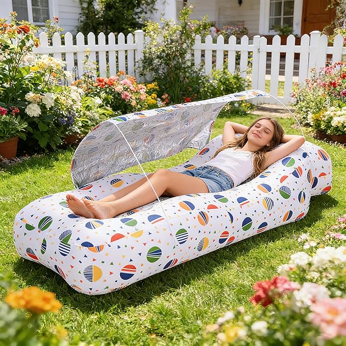 Inflatable CouchAir Sofa with Sun-Shade DesignBuilt-in StorageRipstop Polyester&ampStability PegsPortable Air Lounger for BeachCampingEasy to Carry2 Inflation Ways(Included Pump)Pebble Gray