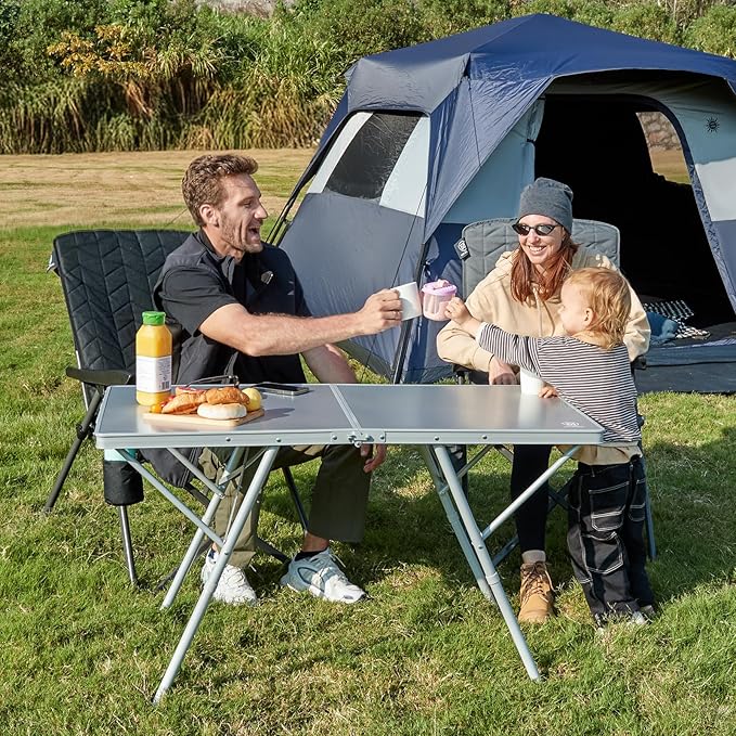 EVER ADVANCED Large Camping Table for 4-6 Person Portable Folding Aluminum Table with Carrying Handle Suitable for BBQ Picnic Camping and Indoor Use Support up to 130LBS Silver
