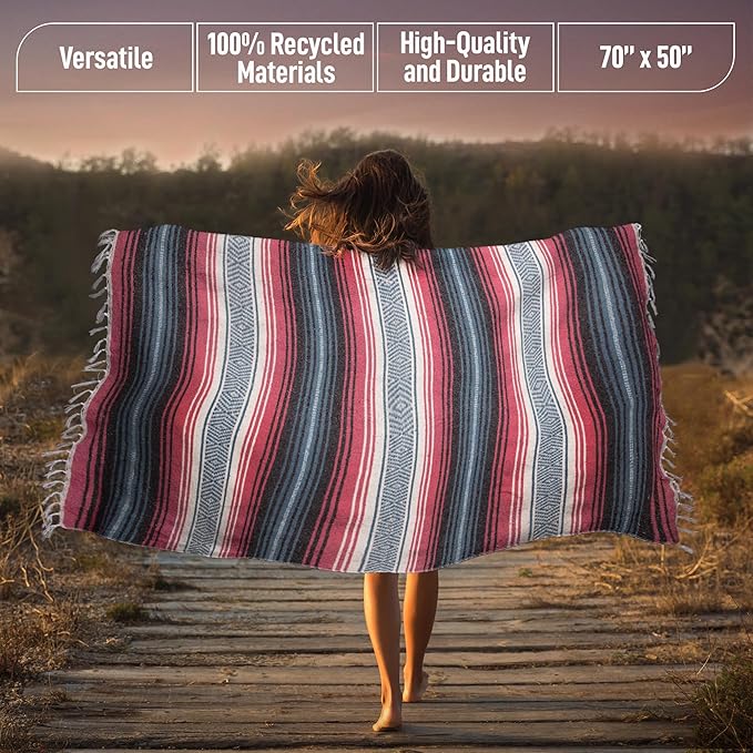 Hydration Nation Authentic Large Handwoven Mexican Striped Throw Blanket - Soft Durable Eco-Friendly - 70x50 - Azure