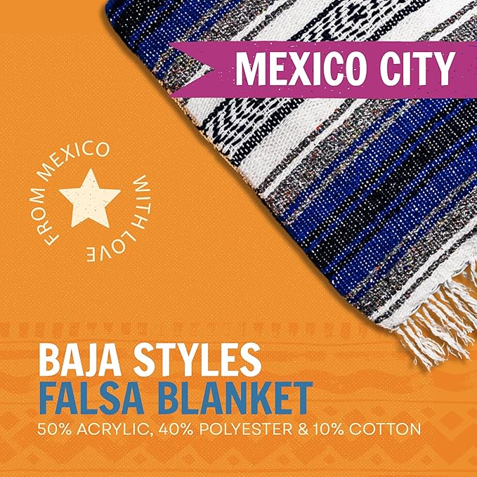 Large Mexican Blanket in Royal — Handcrafted Serape Falsa Yoga Blanket (73” x 48”) – Durable Throw for Camping Beach &amp Outdoor Use – Artisan Craft Made in Mexico from Recycled Fibers