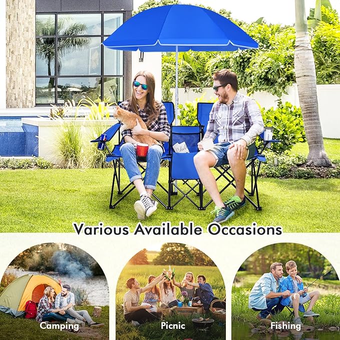 COSTWAY Double Portable Picnic Chairs Folding Camping Chairs w/Detachable Umbrella Cooler Bag Cup Holders Patio Beach Camping Chairs for Outdoors Blue