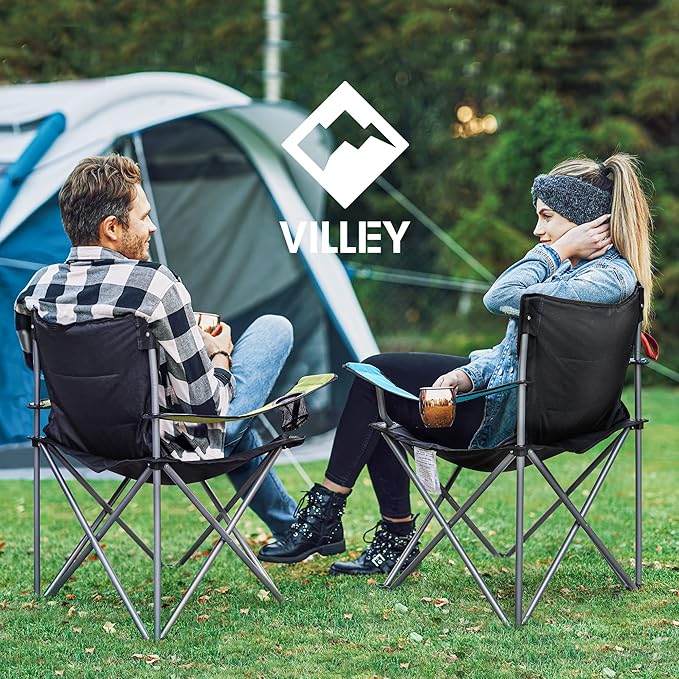 VILLEY Camping Chairs Padded Folding Chair Outdoor Portable High Camp Chair Foldable Outside Arm Chair with Cup Holder &amp Carry Bag Green