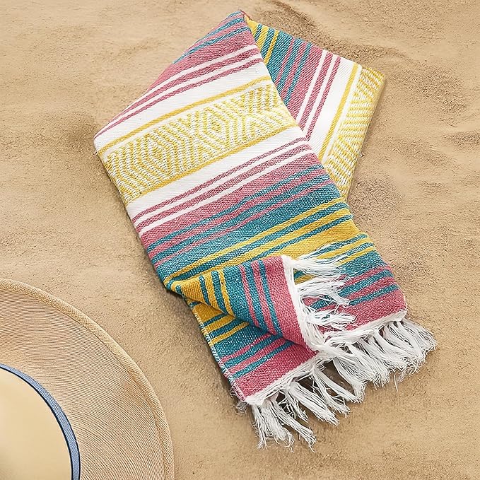 3 Pcs Mexican Blanket Bulk 45 x 70 Inch Yoga Blanket Large Cotton Outdoor Camping Blankets with Fringed for Outdoor Beach Picnic Home Decor