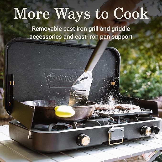 Coleman 1900 Collection 3-in-1 Propane Camping Stove Cast Iron Grill &amp Griddle Accessories Included 24000 BTUs Across 2 Adjustable Burners with Wind Guards &amp Matchless Lighting