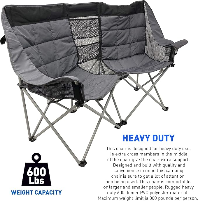 EasyGo Product Camping Chair - Double Love Seat Heavy Duty Oversized - Folds Easily and is Padded Black Grey