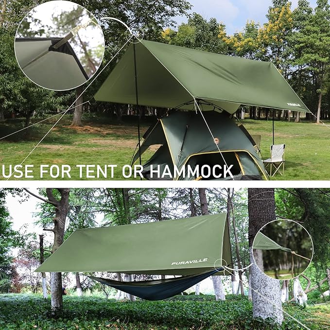Puraville 12x10 ft Rectangle Lightweight Camping Tarps Portable Waterproof Hammock Rain Fly Tent Tarp for Camping Backpacking Green