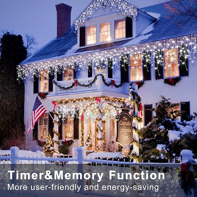 XURISEN 66ft Christmas Lights Decorations Outdoor 640 LED 8 Modes Curtain Fairy Lights with 120 DropsPlug in Waterproof Timer Memory Function for Christmas Holiday Wedding Party Decor(Cool White)