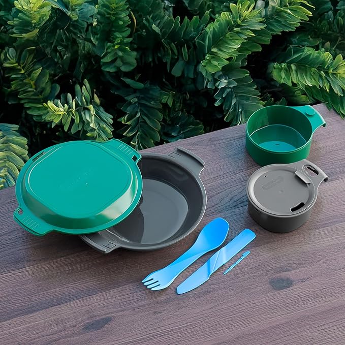 humangear GoKit+ Deluxe - 8-Tool Personal Mess Kit Lightweight Camping Dish Set Backpacking Utensils Dual-Mode Insulated Cup Snap-Together Bowl &amp Plate System with Knife &amp cupCUP
