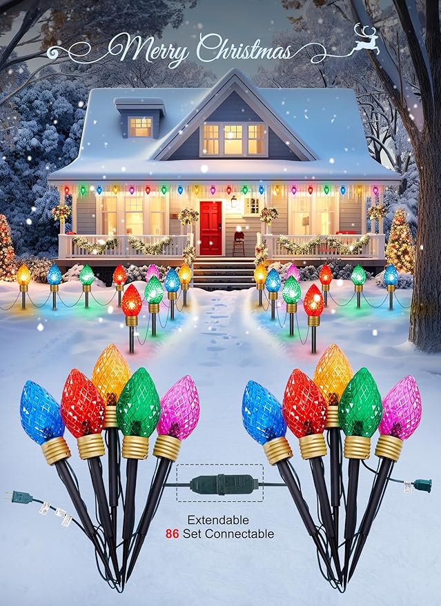 Brightown Strawberry Jumbo C9 Christmas Pathway Lights OutdoorChristmas Outside Decoration Lawn8.5Ft 5 LED String Lights Covered Jumbo Multicolored Walkway Light Bulb for Holiday Outside Yard Decor