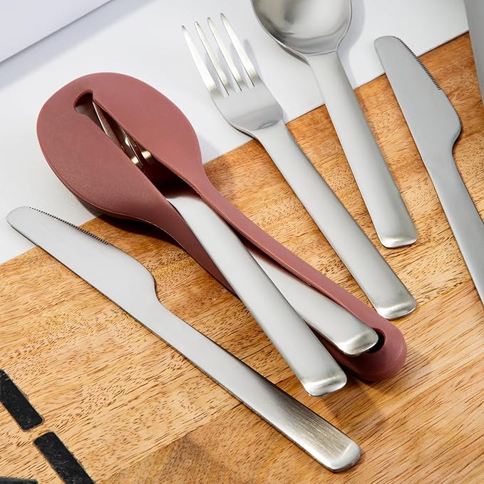 BergHOFF Leo 18/10 Stainless Steel 4Pc Reusable Travel Flatware Set Knife Spoon Fork Sleeve with Silicone Sleeve Dishwasher safe Grey