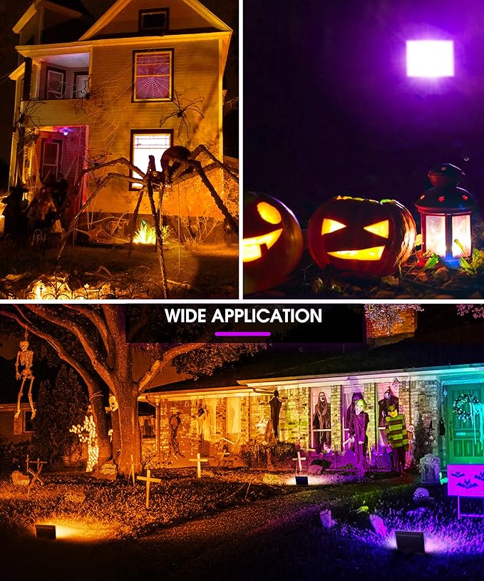 L LOHAS LED Orange and Purple Christmas Halloween Flood Light Outdoor 2 Pack 𝑨𝒖𝒕𝒐 𝑶𝑵/𝑶𝑭𝑭 50W Plug in Flood Light IP66 Waterproof 2300lm Outdoor Flood Lights for Yard Party UL Listed