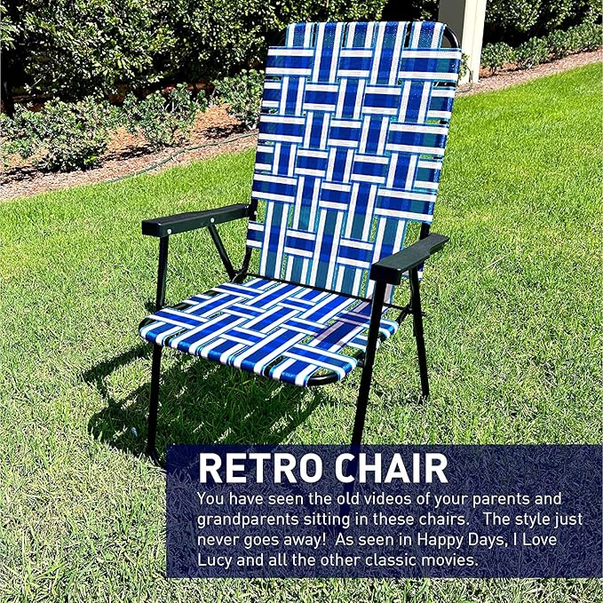 Lawn Chair Folding Steel Webbing Chaise Patio Lounger Seat Wood Handles Great for Camping Beach Fishing Backyard Stadium Pool Boating and Sports 4 Pack Blue