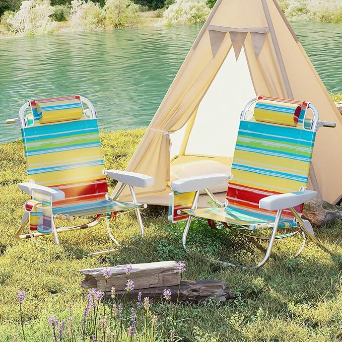 Giantex Backpack Beach Chair Foldable Camping Chair with 5 Adjustable Position Cup Holder Storage Pockets Straps Towel Rack Pillow Lay Flat Lawn Chair for Patio Outdoor Color Stripe