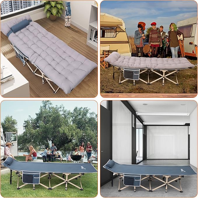 Nice C Camping Cots with Cushion Camping Cots with Mattress for Adults Folding Cot with Pillow Carry Bag &amp Storage Pocket Extra Wide Sturdy Holds Up to 500 Lbs (1 Mattress Grey)