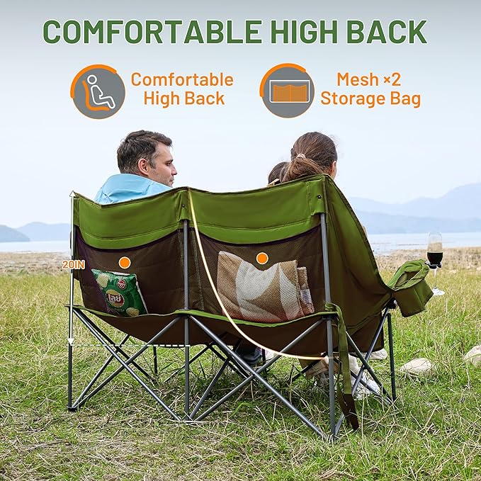 Timber Ridge Double Camping Chair Heavy Duty Outdoor Folding Camp Couch Loveseat Camping Chairs Perfect for Campsites Patio/Lawn Soccer Games or Other Youth Sports Supports 600 lbs