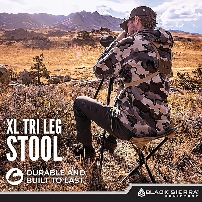 Black Sierra Folding Hunting Stool w/Shoulder Strap Supports 225 lbs Lightweight Collapsible Tripod Seat Foldable Steel Frame Chair Perfect for Hunting