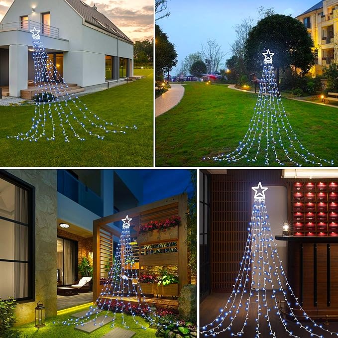 PUHONG Christmas Decoration Outdoor Star String Lights16.4Ft Christmas Tree Toppers Lights 320 LED 8 Memory Modes with 14 Lighted Star for Halloween Christmas New Year Holiday Birthday(White)