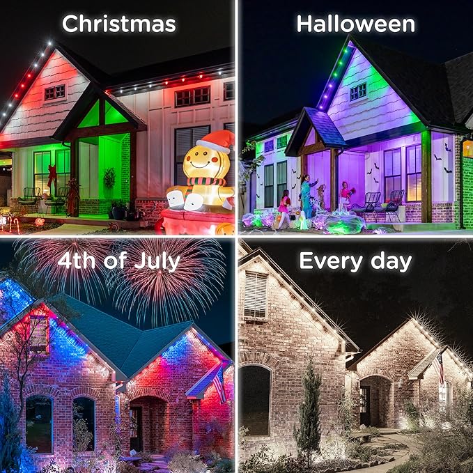 Enbrighten Vibe Eternity Permanent Outdoor Lights for House 100 Feet 72 RGBWIC LEDs Close Spacing 33lm Color Changing Christmas Eave Lighting Smart App Works with Alexa Google Home 82730