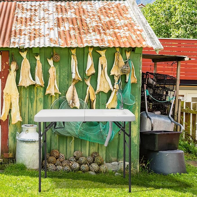 VINGLI Fold in Half Folding Fish Cleaning Table with Sink Bi-Folding Outdoor Portable Camping Game Sink TableFish Fillet Cutting Table with Drainage Hose for Patio Backyard BBQ