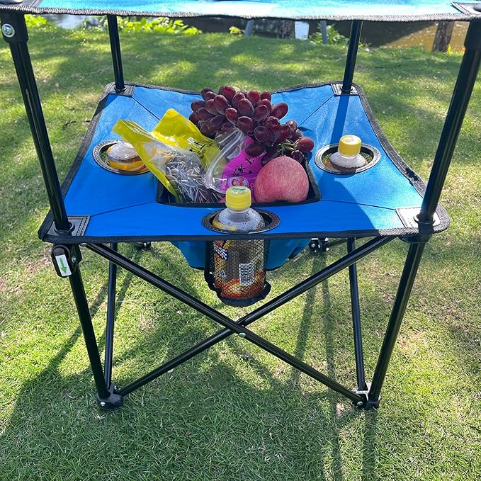 Portable Folding Camping Table with Cup Holders – Lightweight &amp Compact 2-Tier Outdoor Table with Storage Ideal for Card Games Snacks Picnic Tailgating &amp Camping (Blue + Black)