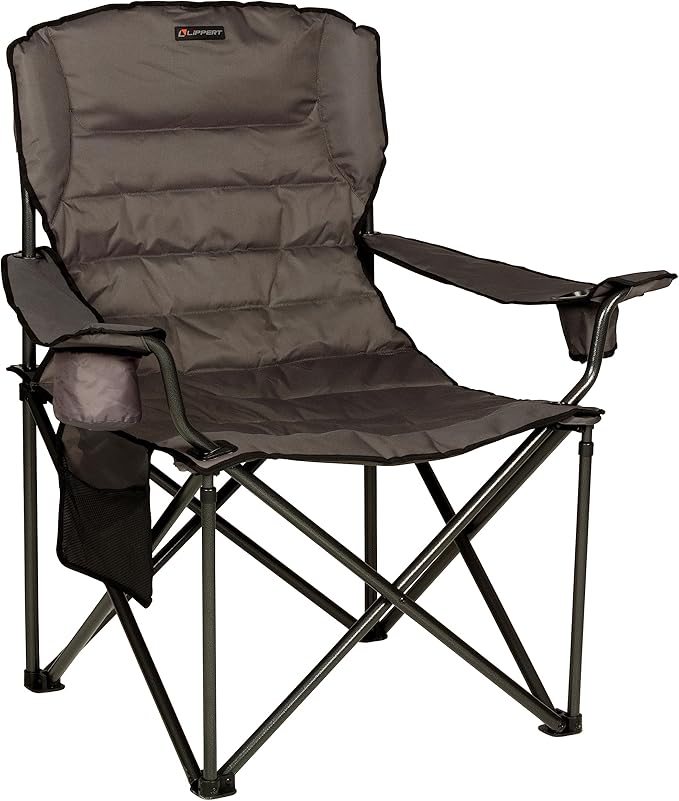 Lippert Campfire Deluxe Folding Chair - Sand High-Loft Foldable Cushion Chair Dual Cup Holders Power Coated Steel Frame Durable 600D Outdoor Polyester Fabric 500 lb. Capacity 2022114828