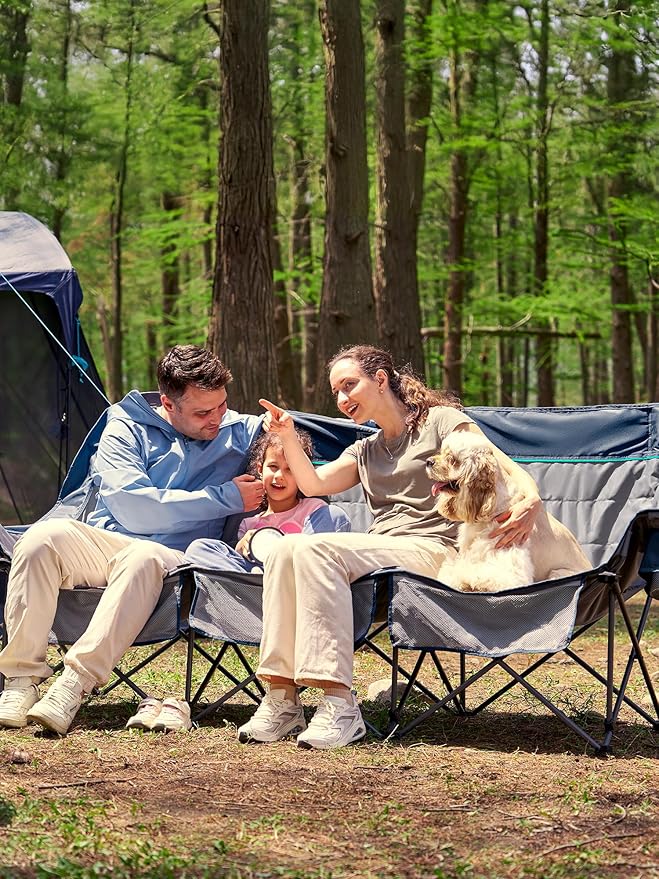 Timber Ridge 3 Person Camping Chair with Cup Holders and Pockets Outdoor Folding Loveseat Camping Chairs 1050lbs Capacity Heavy Duty Camp Couch for Outside Picnic Beach Lawn Sports Blue